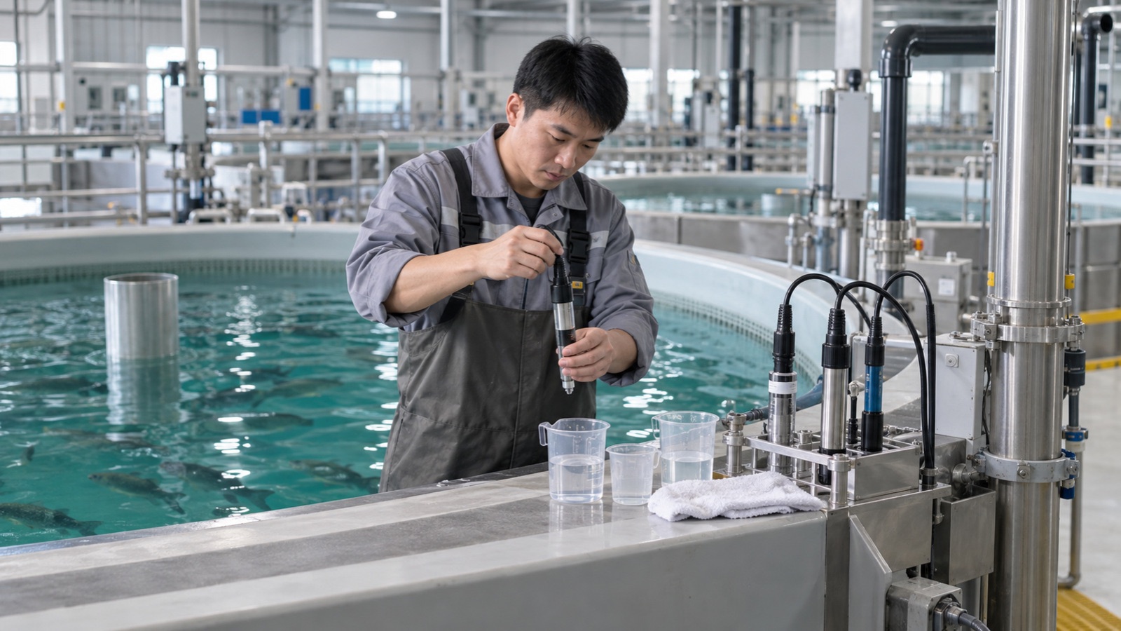 工作人员在养殖池旁校核水质探头与水样
